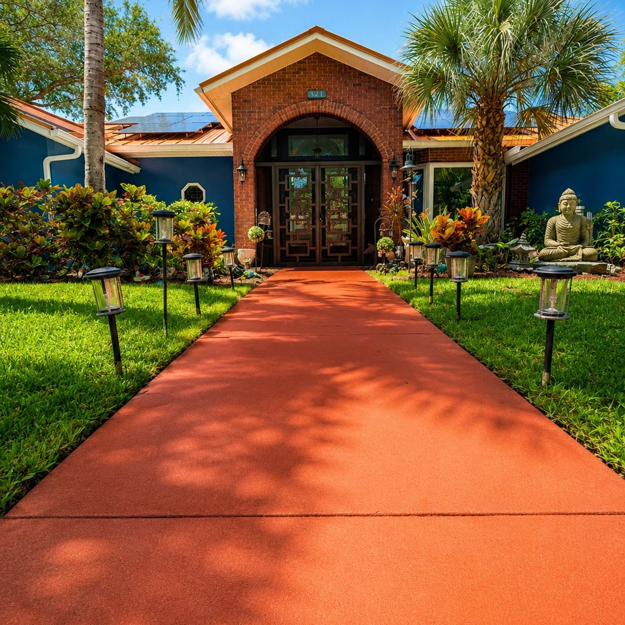 Front entrance of a house with solar panels and garden lights.