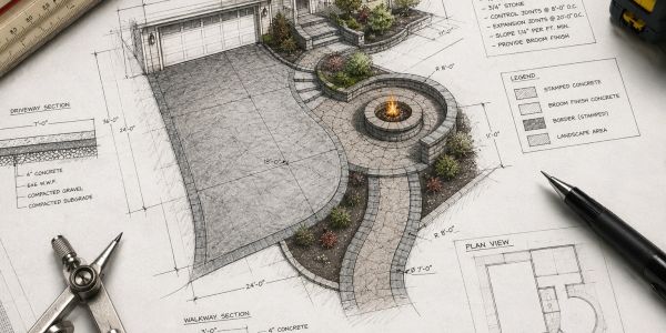 Detailed landscape and driveway design blueprint.