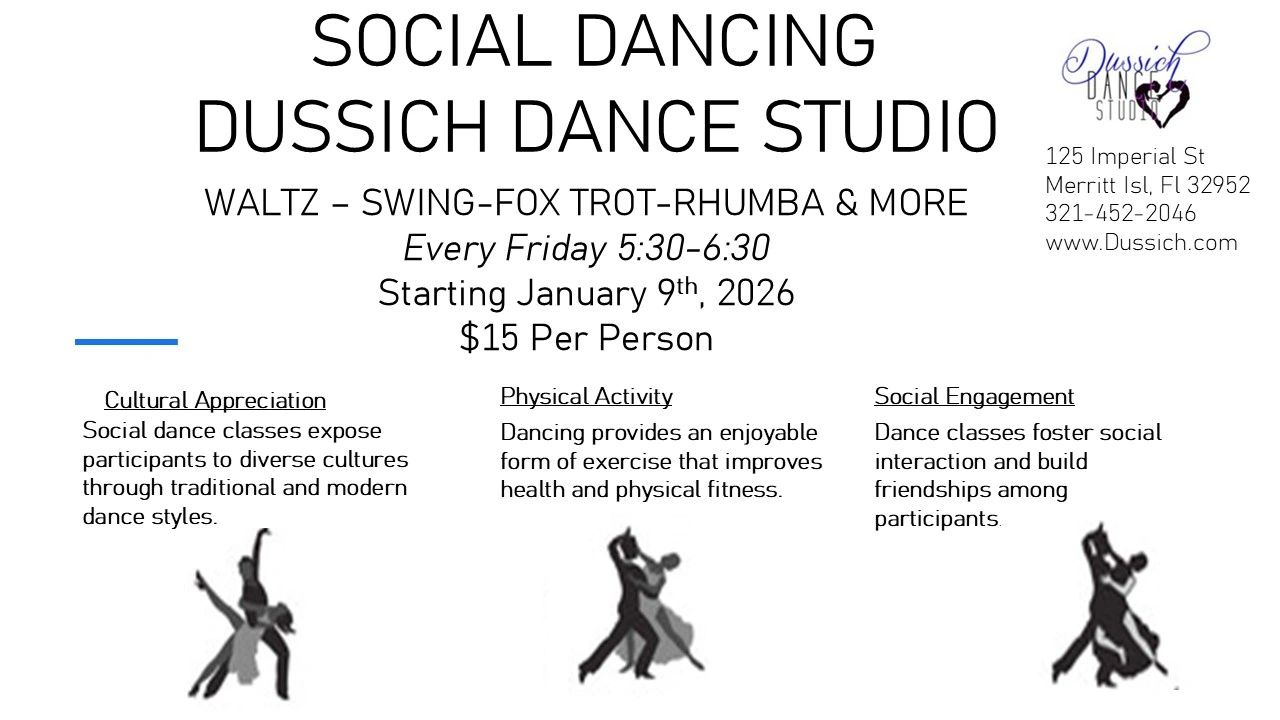Social Dancing For everyone
Every Friday 5:30-6:30  
$15 Per person.