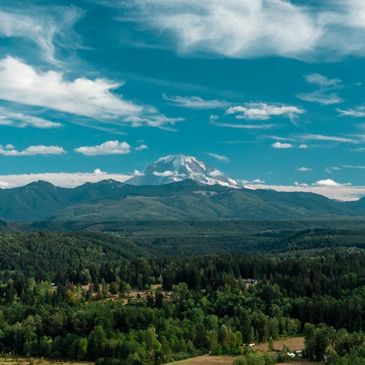 Beautiful mountain range with evergreen forest and cloudy blue sky.