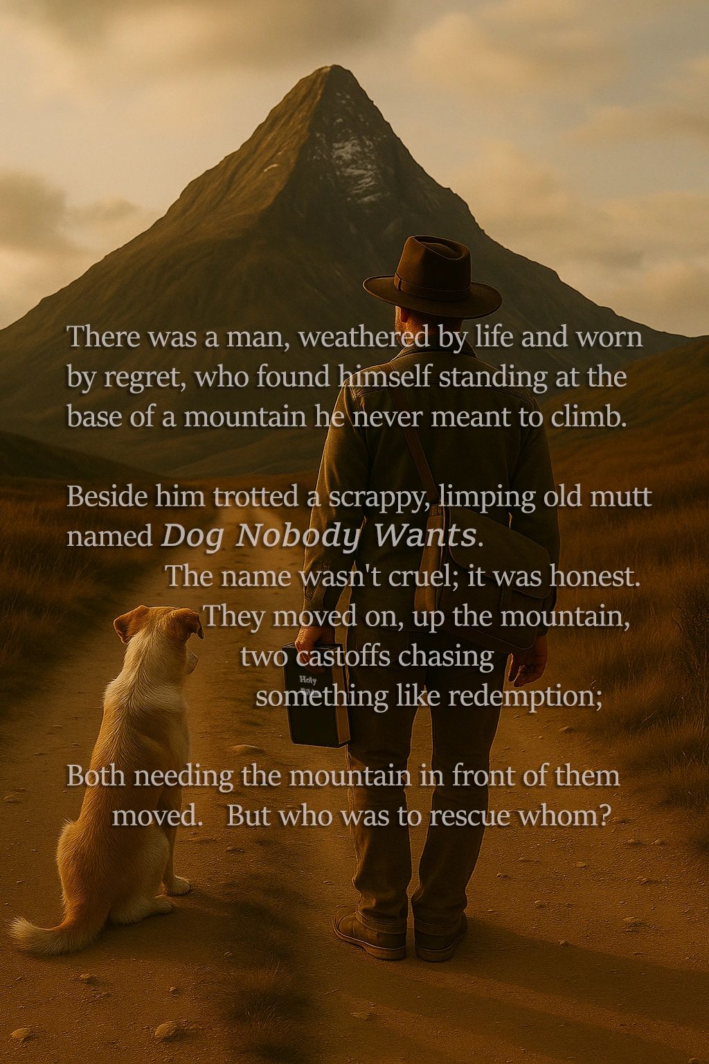 A man and his dog face a towering mountain, seeking redemption together.