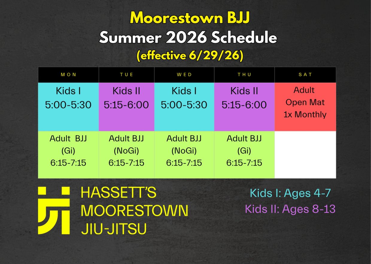 Moorestown BJJ Summer 2026 schedule with kids and adult classes.