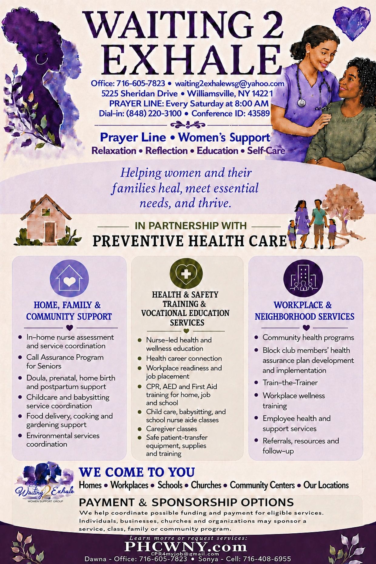 Flyer for Waiting 2 Exhale women's support and preventive health care services.
