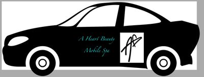 Black car silhouette with "A Heart Beauty Mobile Spa" text and logo on the door.