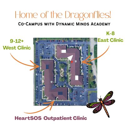 Aerial view of a clinic campus with directional labels and a dragonfly illustration.