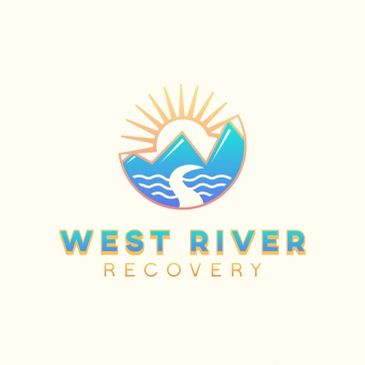 Logo for West River Recovery featuring mountains, river, and sun.