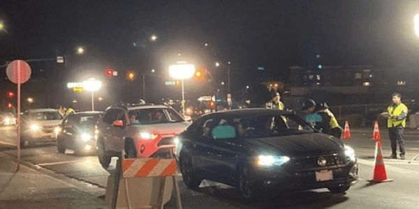 Cars stopped at a nighttime roadside checkpoint with police officers.