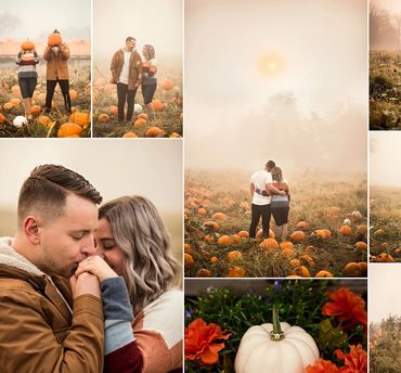 Couple enjoying romantic moments in a foggy pumpkin patch.