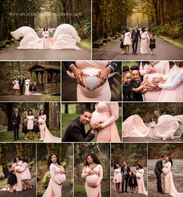 Pregnant woman with family in serene outdoor photoshoot.