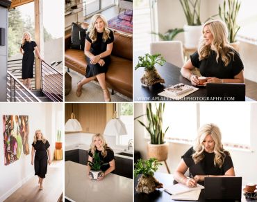 Professional woman in black dress in various office and home settings.