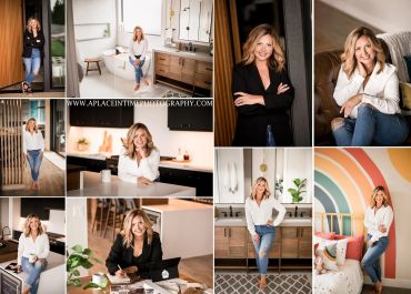 A woman poses confidently in various stylish indoor settings, showcasing her personality and workspace.