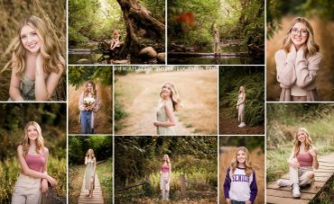 A collage of outdoor senior portraits featuring a young woman in various natural settings.
