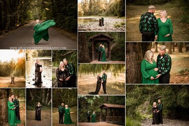 A couple celebrates pregnancy with outdoor photos in green and black attire.