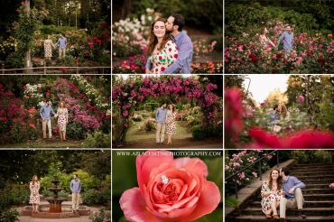 Couple enjoying a romantic photoshoot in a lush garden full of blooming flowers.