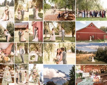 Rustic outdoor wedding with loving couple, guests, and scenic views.