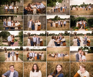 A joyful family photoshoot in a rustic outdoor setting with warm lighting.