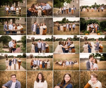 A joyful family photoshoot in a rustic outdoor setting with warm lighting.