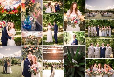 A joyful outdoor wedding celebration with the bride, groom, and guests in a beautiful garden setting.