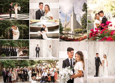 Collage of joyful wedding moments with bride, groom, guests, and temple.
