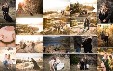 Outdoor family photoshoot during golden hour in nature with pregnant mom and kids.