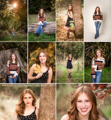 Collage of outdoor and studio portraits of a young woman in autumn settings.