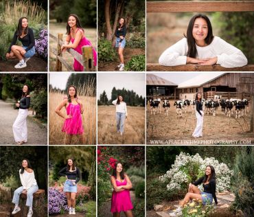 A young woman poses in various outdoor settings, showcasing different outfits and natural backgrounds.