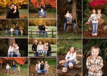 A family enjoys autumn photos in vibrant fall colors.