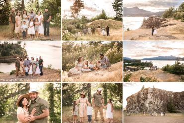 A family enjoying a scenic outdoor photo session by the lake and rocky cliffs.