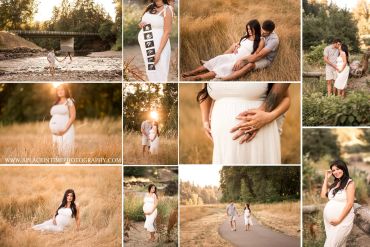 A serene maternity photoshoot in a golden field with a couple and their dogs.