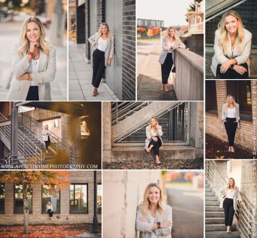 Collage of a professional woman posing in various outdoor urban settings with a confident smile.