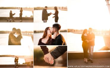 Couple sharing romantic moments by a lake during sunset.