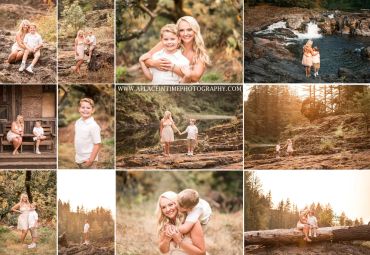 A mother and her young son enjoy a warm, nature-filled photo session outdoors.