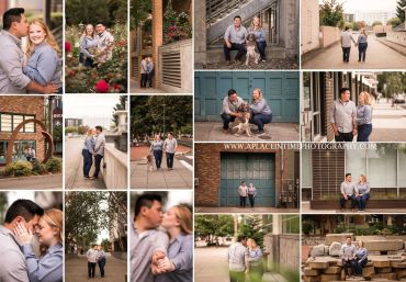 A couple enjoying romantic and candid moments outdoors in a city setting.