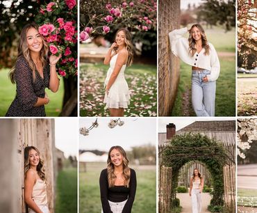 A collage of outdoor portraits featuring a young woman in various poses and outfits.