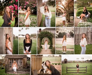 A collage of outdoor portraits featuring a young woman in various poses and outfits.