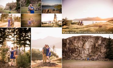 Couple enjoying a scenic outdoor photoshoot at sunset with mountains and lakes.