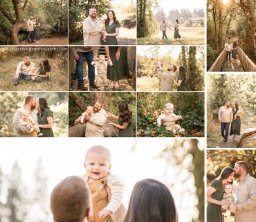 A family enjoys a sunny outdoor photo session in nature with their baby.