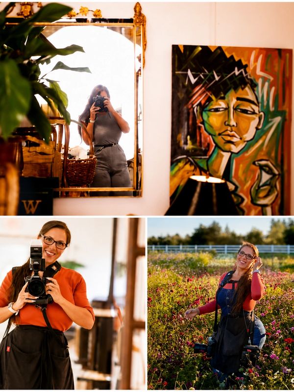 Three photos of a woman with cameras in different settings, including a mirror and a flower field.