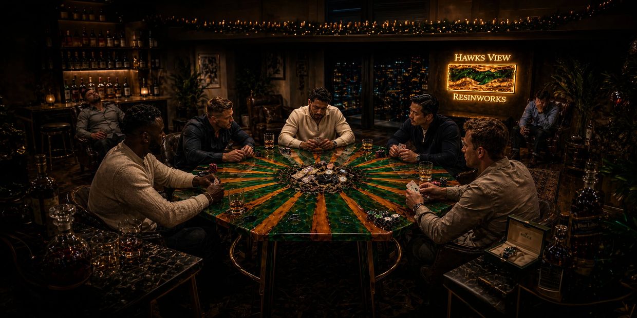 Six men play poker in a dimly lit, luxurious room with drinks and watches.