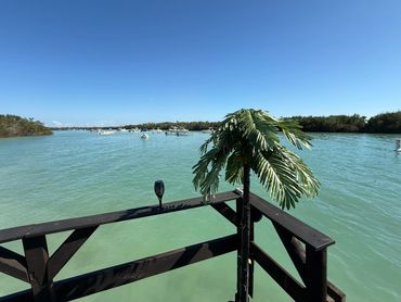 A sunny waterfront view with boats in the distance and a wooden railing with a decorative palm.