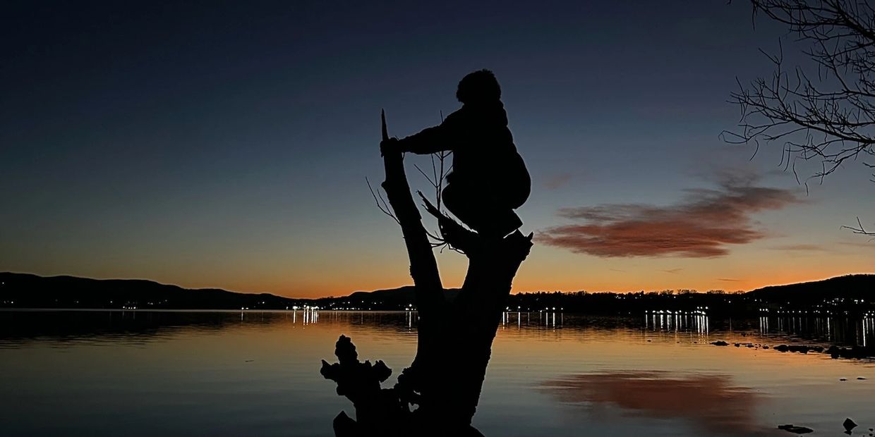 Silhouette of a person sitting on a tree by a calm lake at sunset.