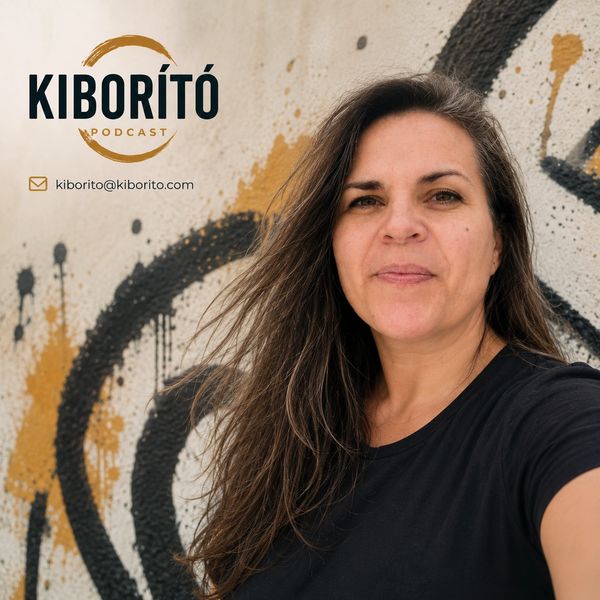 Woman posing for Kiborító Podcast promotional photo with artistic graffiti background.