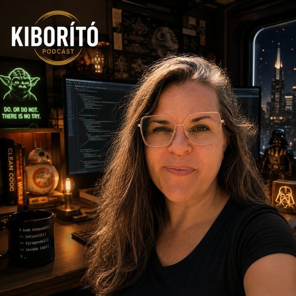Woman with glasses in a cozy tech-themed room with Star Wars decor and coding screens.