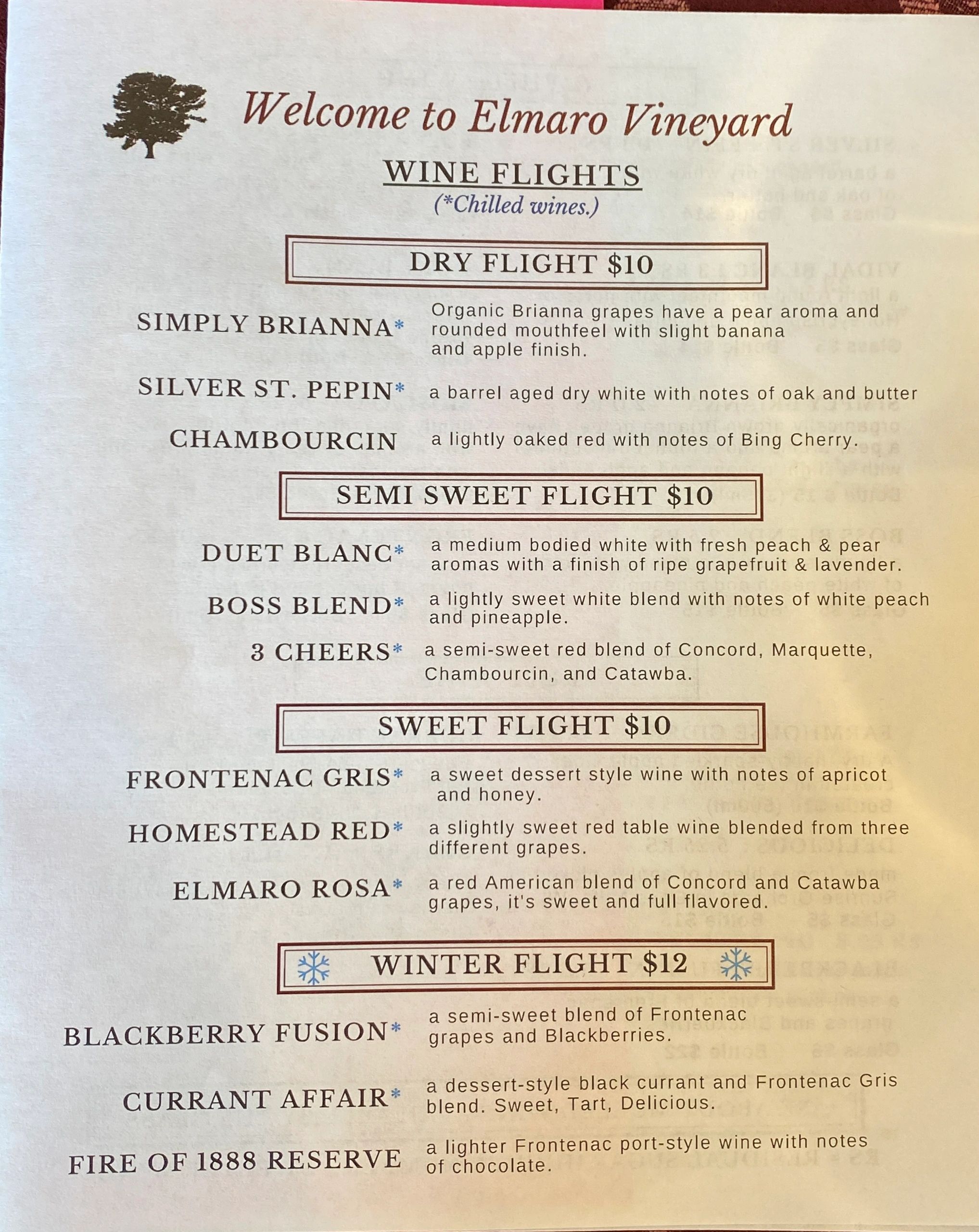 WINE FLIGHTS, Menu