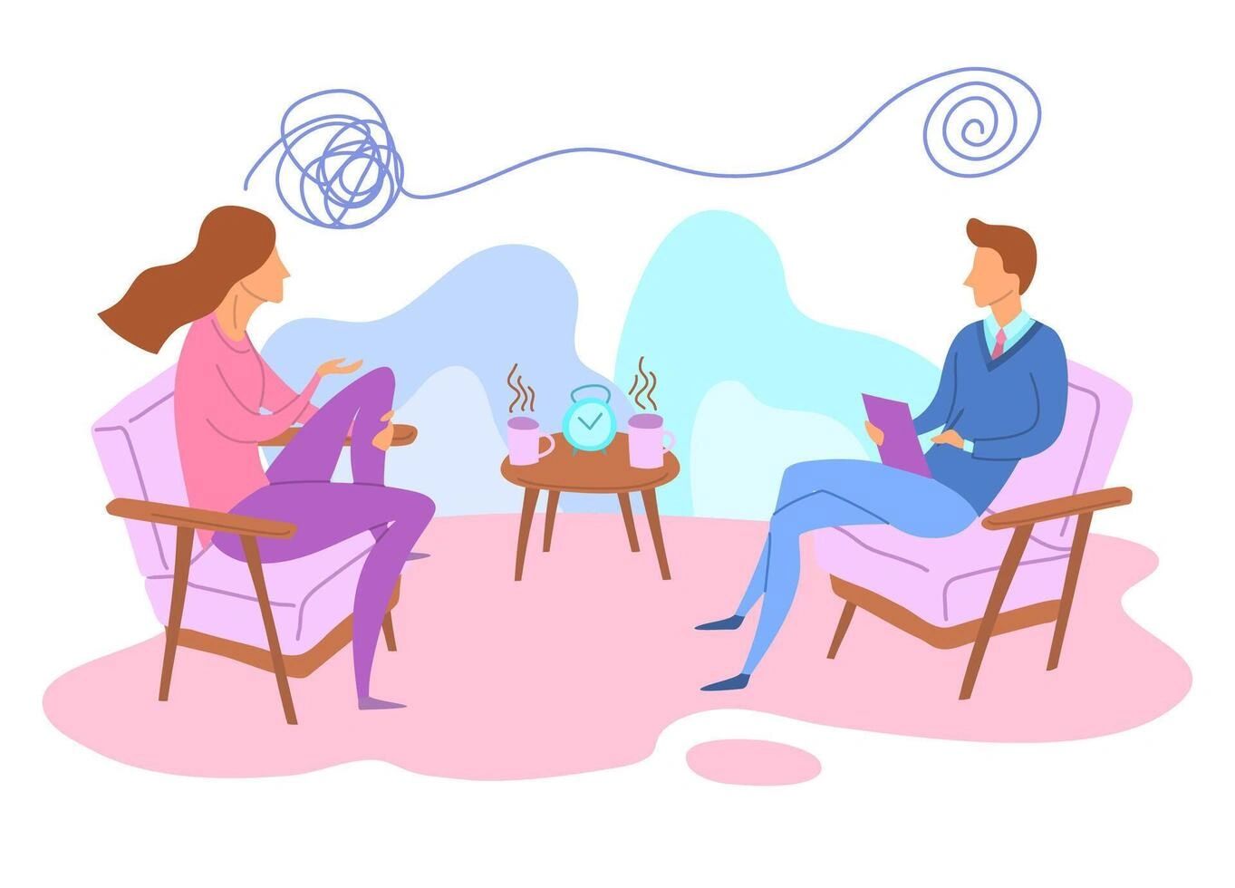 A therapy session with a woman sharing her thoughts and a therapist listening.