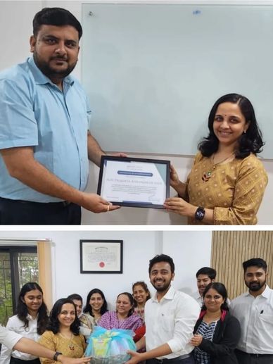 Two images showing a certificate award and a group celebration.