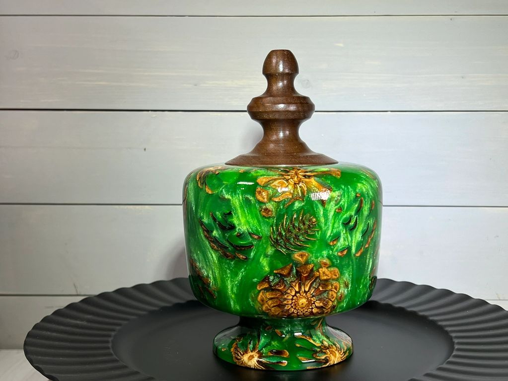 Green Resin and Pinecone Lidded Container