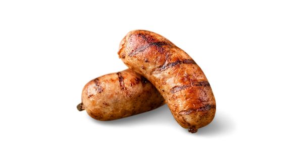Two grilled sausages with grill marks on a white background.