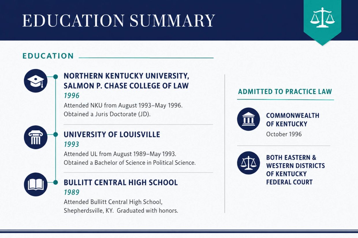 Education summary listing degrees from Northern Kentucky University, University of Louisville, and Bullitt Central High School, plus law practice admissions.