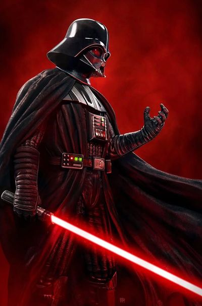 Darth Vader wielding a red lightsaber with a dark cape against a red background.